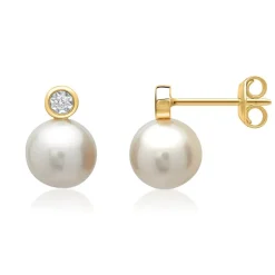 585er Gelbgold-Ohrringe Perle 2 Diamanten DE0163