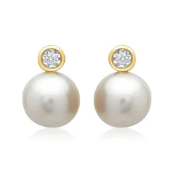 585er Gelbgold-Ohrringe Perle 2 Diamanten DE0163