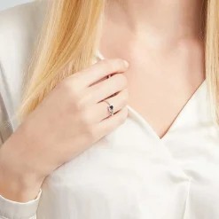 585er Weißgold Ring mit 5 Diamanten und Saphir DR0370SL