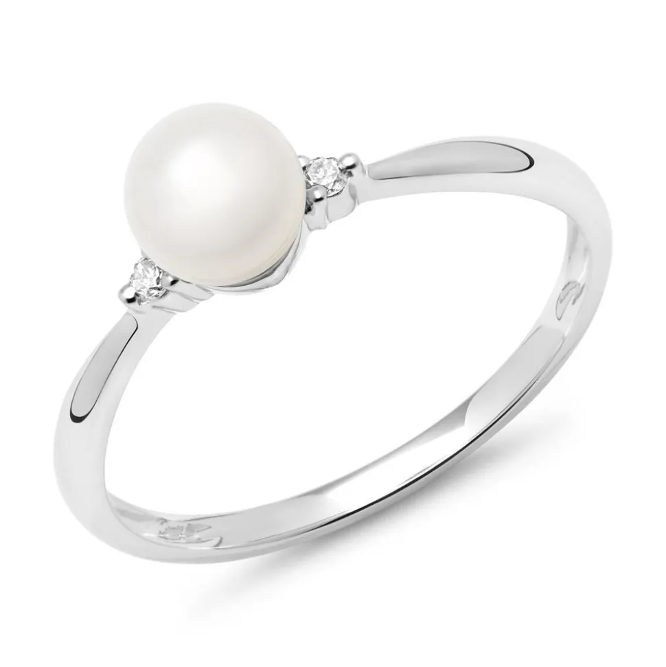 585er Weißgold-Ring Perle 2 Diamanten 0,034 ct. DR0210