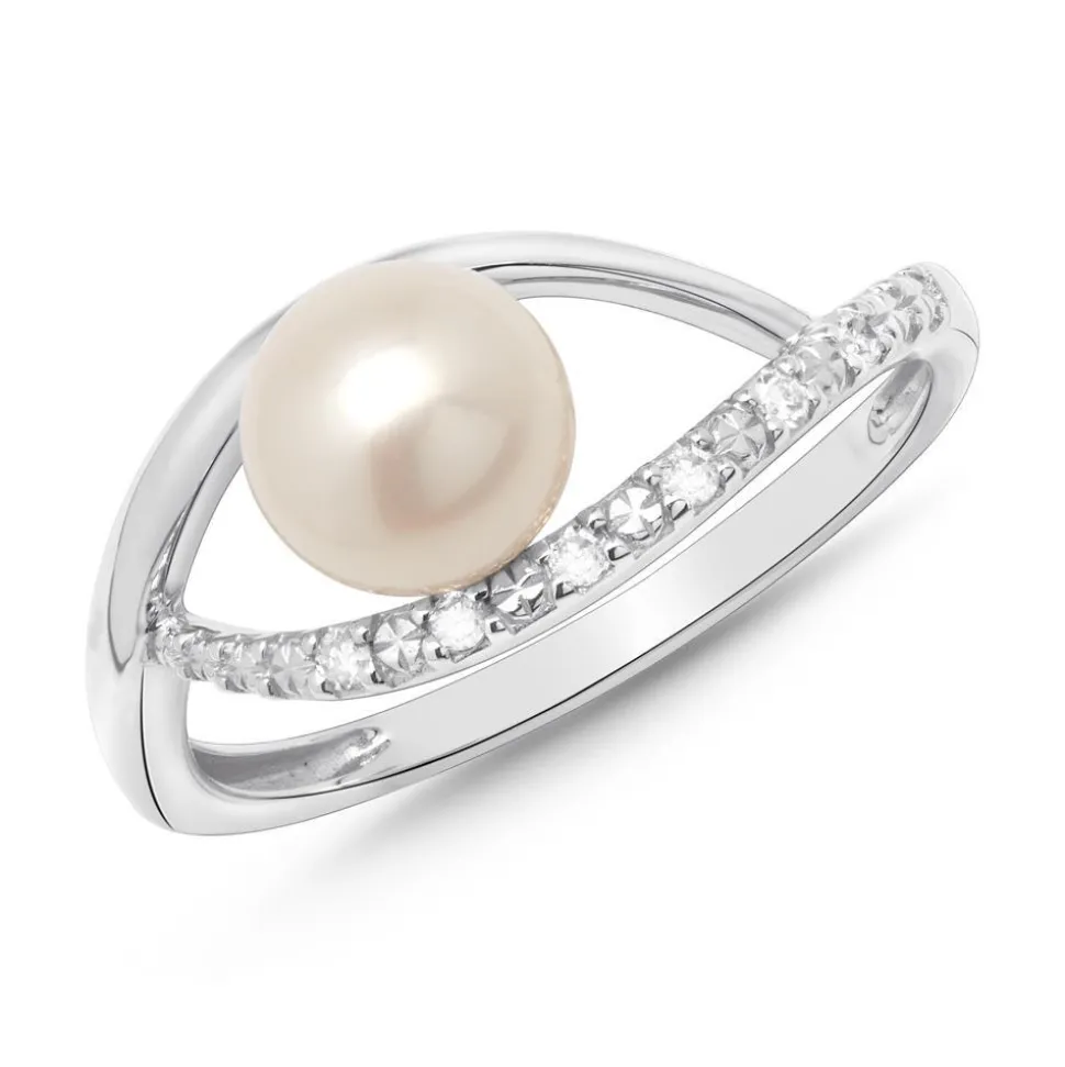 585er Weißgold-Ring Perle Diamanten 0,054 ct. DR0237