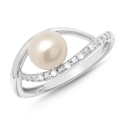 585er Weißgold-Ring Perle Diamanten 0,054 ct. DR0237