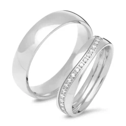 Klassisches Edelstahl Trauring-Set mit Steinen R9221s