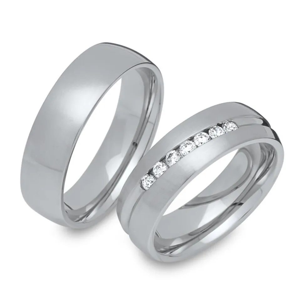 Mattierte Edelstahl Eheringe Steinbesatz 6mm R9210s