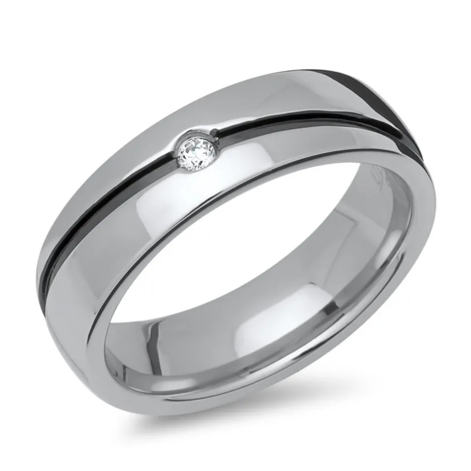 Ring Edelstahl poliert dunkle Rille Zirkonia R9216czSL