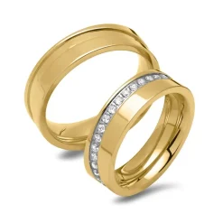 Vergoldetes Edelstahl Ehering-Set mit Steinen R9225s